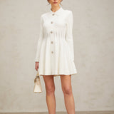 Beyaz Pileli Triko Mini Elbise