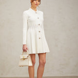 Beyaz Pileli Triko Mini Elbise