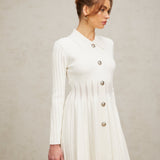 Beyaz Pileli Triko Mini Elbise