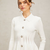 Beyaz Pileli Triko Mini Elbise