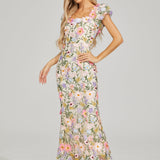 Çiçek İşlemeli Maxi Elbise