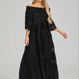 Omzu Açık Dantel Maxi Elbise