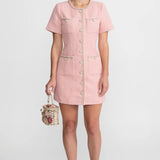 İnci Düğmeli Kısa Kollu Tweed Mini Elbise – Pudra Pembe