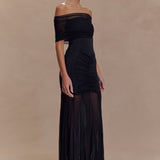 Caspian Omzu Açık Saten & File Detaylı Maxi Elbise – Siyah