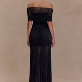 Caspian Omzu Açık Saten & File Detaylı Maxi Elbise – Siyah