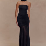 Caspian Omzu Açık Saten & File Detaylı Maxi Elbise – Siyah