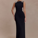 Lorde Taş İşlemeli Krep Maxi Elbise – Siyah