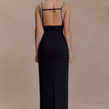 Lorde Taş İşlemeli Krep Maxi Elbise – Siyah