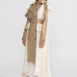 Bej Dantelli Panelli Kemerli Uzun Trençkot