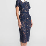 Çiçek Dantelli Midi Elbise – Lacivert