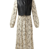 Çevre Dostu Kürk Yelek ve Çiçek Desenli Elbise İkili Takım