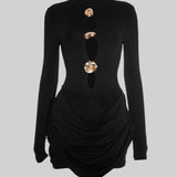 Heykelsi Düğme Detaylı Drapeli Dekolteli Mini Elbise – Siyah