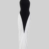 Zıt Renkli Büzgü Panelli Halter Yaka Maxi Elbise