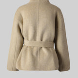 Bej Kuşaklı Yün Mini Kaban