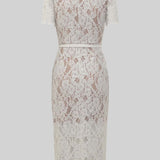 Eşleşen Bel Kemerli Zarif Kısa Kollu Dantel Elbise