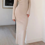 Button Asymmetric Neck Long Sleeve Maxi Elbise