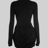 Heykelsi Düğme Detaylı Drapeli Dekolteli Mini Elbise – Siyah