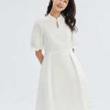 Beyaz Çekoslovak Qipao Jacquard Puff Kol Midi Elbise