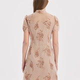 Bej Renkli Nakışlı Çiongşam Qipao Mini Elbise