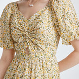 Çiçek Desenli Balon Kol Elbise