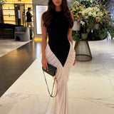 Zıt Renkli Büzgü Panelli Halter Yaka Maxi Elbise