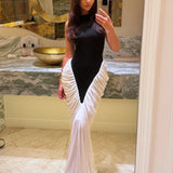 Zıt Renkli Büzgü Panelli Halter Yaka Maxi Elbise