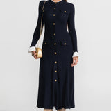 Altın Düğme Detaylı, Fitilli Triko Midi Elbise – Lacivert