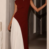 Charlotte Kontrast Midi Elbise - Bordo/Beyaz