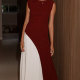 Charlotte Kontrast Midi Elbise - Bordo/Beyaz