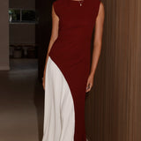 Charlotte Kontrast Midi Elbise - Bordo/Beyaz