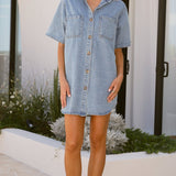 Chaney Button Up Mini Dress - Medium Denim