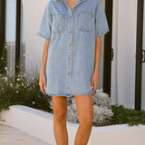 Chaney Button Up Mini Dress - Medium Denim