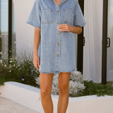 Chaney Button Up Mini Dress - Medium Denim