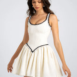 Kontrast Bağlama Detaylı Pliseli Tweed Kısa Elbise