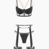 Zincirli Bustier Kontrast File İç Giyim Garter Seti