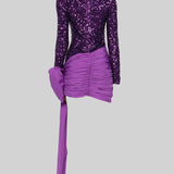 Asimetrik Fiyonk Detaylı Zarif Pullu Elbise