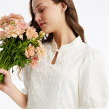 Beyaz Çekoslovak Qipao Jacquard Puff Kol Midi Elbise