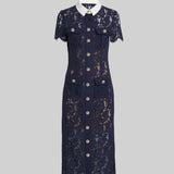Çiçek Dantelli Midi Elbise – Lacivert