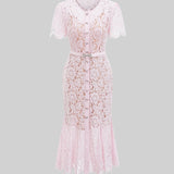 Düğme Detaylı ve Dilimli Dantel Etek Uçlu Elegant Çiçek Dantelli Elbise – Pudra Pembe