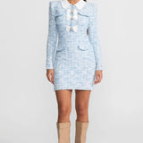 Kontrast Yaka ve Fiyonk Süslemeli Tweed Mini Elbise – Açık Mavi