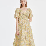 Çiçek Desenli Balon Kol Elbise