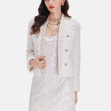 Beyaz Düğme Detaylı İncili Kısa Ceket