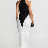 Zıt Renkli Büzgü Panelli Halter Yaka Maxi Elbise