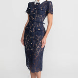 Çiçek Dantelli Midi Elbise – Lacivert