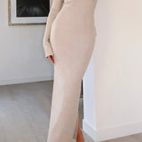 Button Asymmetric Neck Long Sleeve Maxi Elbise