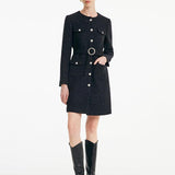 Çıkarılabilir Yaka Detaylı Tweed Bel Vurgulu Yünlü Elbise