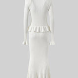 Beyaz Fırfırlı Ceket & Volanlı Etek Triko Takım