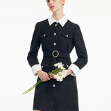 Çıkarılabilir Yaka Detaylı Tweed Bel Vurgulu Yünlü Elbise