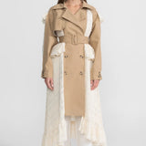 Bej Dantelli Panelli Kemerli Uzun Trençkot