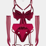 Choker Bağlama Öndeki Kesik Detaylı Lingerie Garter Seti ve Eldiven